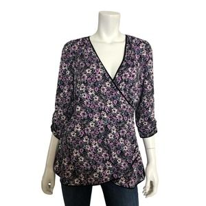 Kiyonna 0 ( 10 - 12 ) Shirt Wrap Knit Top Black Purple Floral V-Neck Blouse